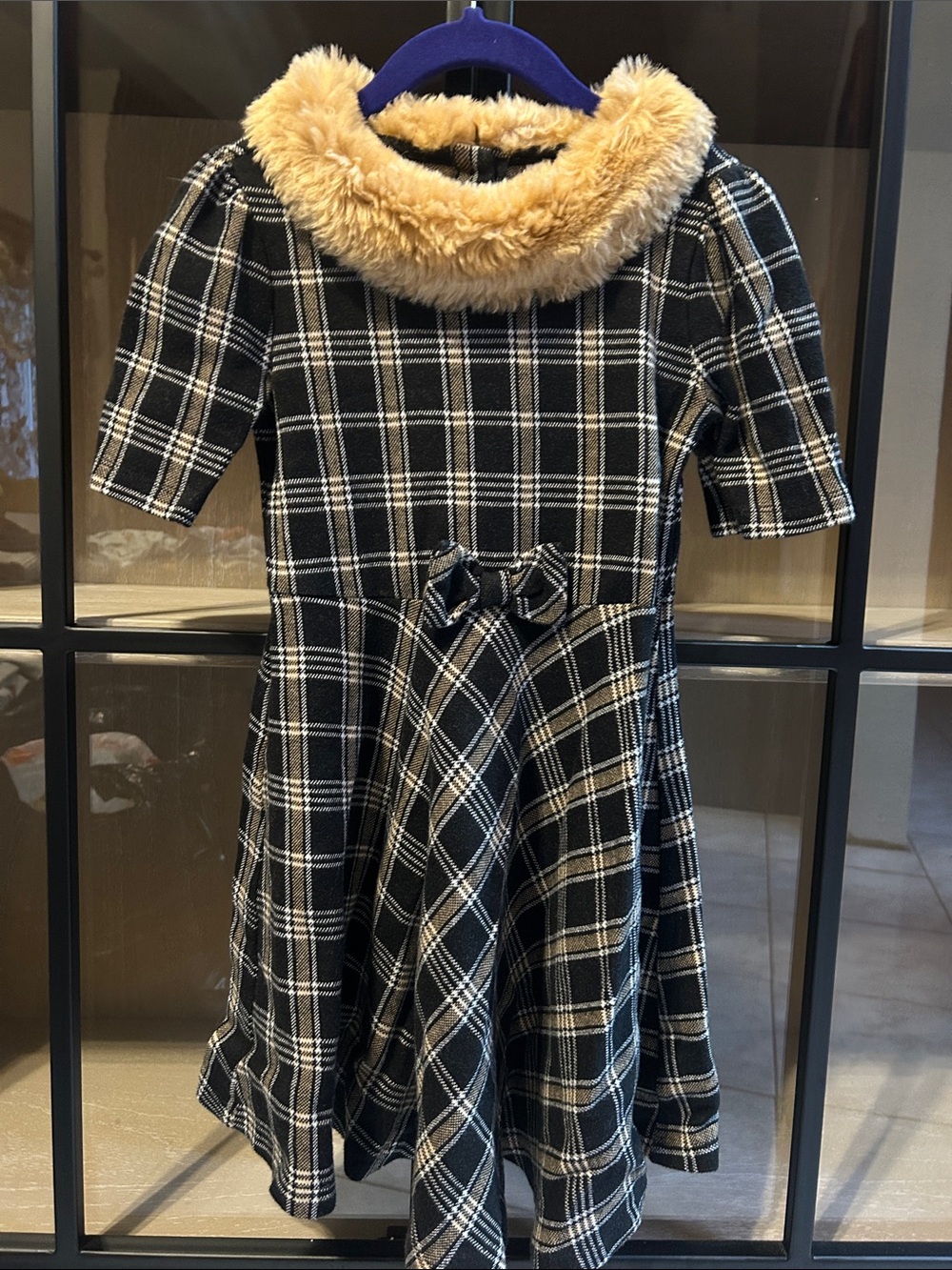 Janie and Jack Black Plaid Dress with Tan Faux Fur Collar